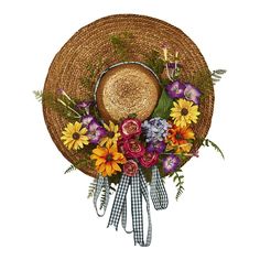 a straw hat with flowers and ribbons around it on a white background in a blue frame