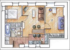 a drawing of a floor plan with furniture and kitchen area in the center, including an open living room