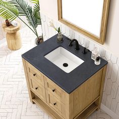 a bathroom sink sitting under a mirror on top of a wooden cabinet next to a potted plant