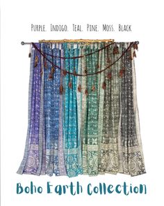 the boho earth collection is available in purple, indigo blue, green and white