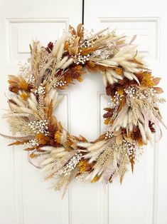 a wreath hanging on the front door with dried flowers and leaves in it's center