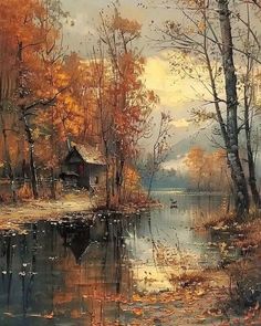 a painting of a cabin in the woods with water and autumn leaves on the ground