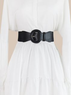 Black Casual   Elastic  Buckle Cinch Belts Embellished   Women Accessories Black Casual Belt Buckles, Wide Elastic Belts, Luxury Trendy Belt For Formal Occasions, Trendy Cheap Bottoms With Belt, Black Formal Dress Belt, Cheap Trendy Bottoms With Belt, Luxury Black Dress With Belted Cuffs, Luxury Black Sleek Belt, Black Belts For Dresses