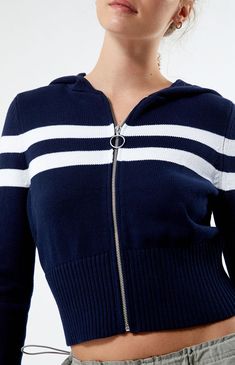 Wrap yourself in comfort and style with the LA Hearts Teagan Sweater Hoodie. This cozy yet trendy essential features a hood for added warmth, a full zipper front closure, and a knit fabrication, making it the perfect go-to piece for casual days or cozy nights.


	Striped pattern
	Knit fabric
	Attached hood
	Long sleeves
	Full zipper front closure
	Ribbed cuffs and hem
	100% cotton
	Model is wearing a size small Look Jean, My Mobile Number, Jeans Mom, Colorful Hoodies, Stripes Pattern, Sweater Hoodie, Front Zipper, Knit Fabric, Knitting Patterns