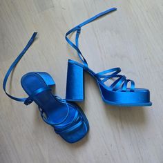 Nwot H&M Bright Blue Strappy Satin Sandals Platform Heel, Lace Up Straps Size 36, Us Size 6 Blue Strappy Sandals For Party, H&m Round Toe Sandals For Summer, H&m Round Toe Sandals For Spring, H&m Spring Round Toe Sandals, H&m Heels For Spring Party, Chic High Heel H&m Heels, H&m High Heel Party Heels, Chic Open Toe Heels By H&m, H&m Heels