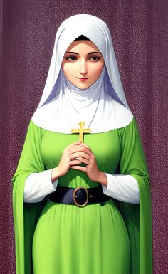 a painting of a woman wearing a green dress and holding a cross in her hands