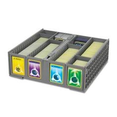 four compartmented storage container with labels on each side