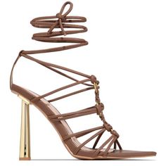 Sexy Strappy Mocha Sandals With Gold Heels. Brand New In Bag Elegant Brown Strappy Heels, Brown Strappy Evening Heels, Brown Strappy Heels For Evening, Brown Strappy Evening Sandals, Brown Strappy Sandals For Evening, Chic Brown Ankle Strap Heels, Brown Heels For Summer Party, Brown Heels With Heel Strap For Party, Party Brown Heels With Heel Strap