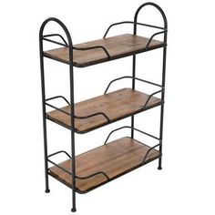 three tiered metal and wood shelf unit