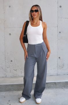 Level up your streetwear outfit in the One For The Team Pants Charcoal. Features a thick waist band with hidden front zipper and clasp closure, wide leg fit, lined fabric, belt loops, two pocket detailing and full length. Style with a white tank top and sneakers for an off duty vibe! 67% Polyester 29% Rayon 3% Spandex Concert Dresses, Easy Trendy Outfits, Strapless Tops, Loungewear Sets, Stylish Shirt, Fabric Belt, Knit Sweatshirt, Casual Tank Tops, Maxi Dress Party