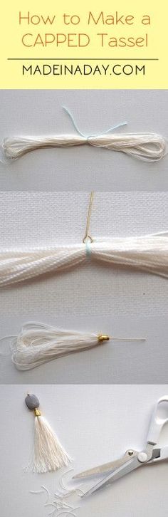 the instructions for how to make a capped tassel with yarn, scissors and thread