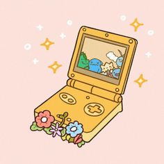 an open laptop computer sitting on top of a pink surface with flowers and stars around it