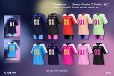 the uniforms for different teams are shown in multiple colors