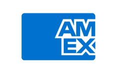 the amex logo is shown in blue and white, with an arrow above it