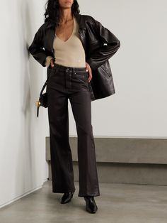 PAIGE's 'Sasha' pants are one of the brand's most beloved styles – the high-rise, wide-leg shape is versatile and suits every body type. Updated for Fall '24, this pair is made from waxed-twill that has a leather-like shine and deep 'Chicory Coffee' shade. Style yours with sneakers or elevate them with heels. Womens Fall Pants, Cropped Coat, Digital Closet, Fall Pants, Flat Dress Shoes, Dress Flats, Exclusive Dress, Matthew Williamson, Twill Pants