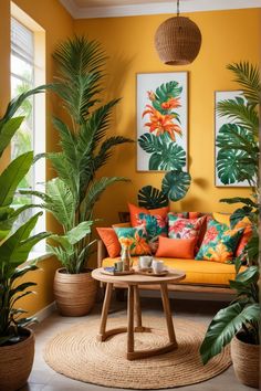 Living room with tropical-themed decor, vibrant yellow walls, lush green plants, and a wicker coffee table set. Coffee Nooks, Awkward Living Room Layout, Tropical Interior Design, Red Bathroom, Bathroom Accents, Coffee Nook, Tropical House