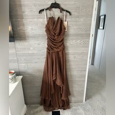 Milano Brown Y2k Formal Prom Dress Gown. Halter Neck Hi Low Appearance But Floor Length Dress. Size Small Nwt Chocolate Brown Gown, Prom Dress Brown, Brown Prom Dress, Y2k Formal, Prom Dress Gown, Brown Y2k, Formal Prom Dress, Prom Dresses Gowns, Floor Length Dress