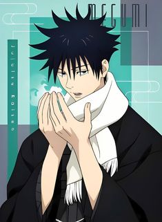 an anime character with black hair wearing a scarf and holding his hands to his face