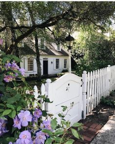 a white picket fence with purple flowers in the foreground and a small house in the background