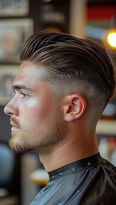 Men Comb Back Hairstyle, Mens Hairstyles Wedding, Men’s Fade Long On Top, Men’s Short Slicked Back Hair, Fade On Sides Long On Top Men, Men’s Slick Back Haircut, Men’s Pompadour Hairstyle, Mid Fade Undercut Men, Slick Back Hair Men Fade