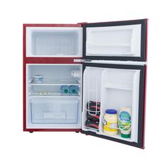 an open red and black refrigerator with its door wide open showing the contents in it