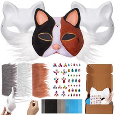 a cat mask and other accessories are shown in this image, including feathers, eyeliners, nose rings, and more