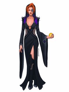 a woman dressed in black and purple holding an apple