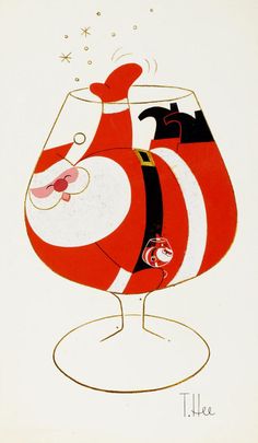 a drawing of santa claus holding a wine glass with his head in the shape of a fish