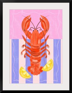 a drawing of a lobster with lemon slices on it's side and the background is pink