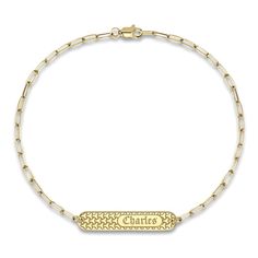 A lustrous woven texture, engravable bar pendant hangs elegantly in the center of this stylish women's bracelet. Fashioned in yellow gold-plated sterling silver, the 7.5-inch oval link chain secures in place with a lobster clasp. Personalize with up to 8 characters. Gold Jewelry With Engraving Option, Oval Link, Elegant Engraved Jewelry With Rectangular Links, Elegant Engraved Oval Link Chain Bracelet, Modern Engraved Yellow Gold Bracelet, Modern Etched Gold Jewelry, Gold Nameplate Chain Bracelet, Elegant Tarnish Resistant Nameplate Chain Bracelet, Elegant Nameplate Bracelet With Engraving Option, Gold Engraved Oval Link Chain Bracelet