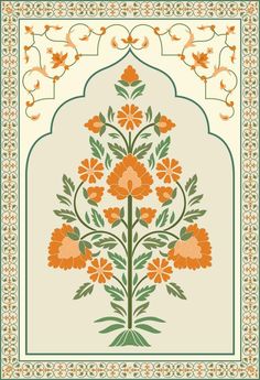 an orange and green floral design on a white background with ornate border around the edges