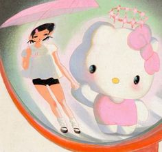 a painting of a girl holding an umbrella next to a hello kitty doll