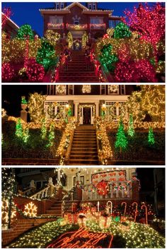 christmas lights on houses and trees in front of the house with stairs leading up to them