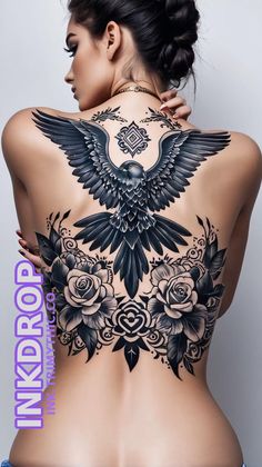 the back of a woman's body with tattoos on her chest and an eagle