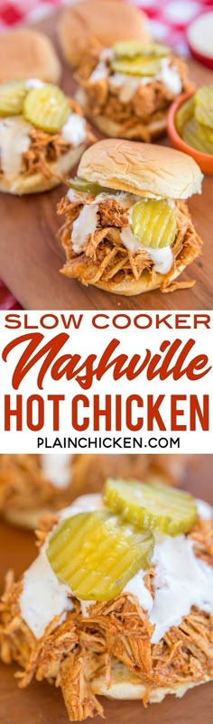 slow cooker nashville style hot chicken sandwiches with pickles and sour cream on top