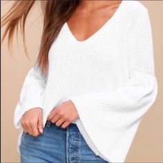 Perfect Condition, Nwt. Bell Sleeves, Slightly Cropped. White Winter Top For Brunch, White Winter Tops For Brunch, Casual White Sweater For Brunch, Flare Sleeve Sweater, Dress Sewing Tutorials, Free People Style, Bell Sleeve Sweater, Sweater White, Office Attire