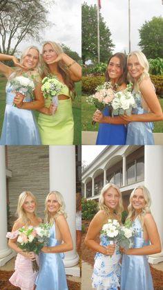 four different pictures of women in dresses posing for the camera with flowers and bouquets