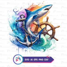 an anchor, steering wheel and shark with watercolor splashs on the back ground