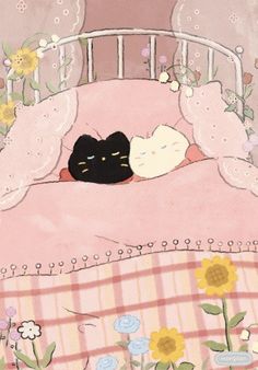 two cats are sleeping in a bed with pink sheets and plaid bedspread, surrounded by flowers