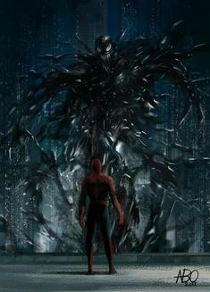 a man standing in front of a giant spider - man