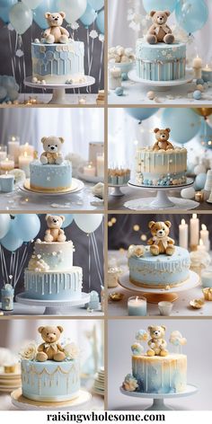 there are many pictures of cakes with teddy bears on them and balloons in the background