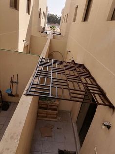 an overhead view of a building with metal bars