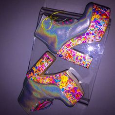 These were FEATURED ON LANA DELRAYS Insta as well as Lisa Frank herself. Simply gorgeous, sticker collage is fully sealed, extremely high quality all professional materials used. Mega platform wedge glitter leather ankle boots with your favorite iconic 90's stickers! Leather uppers with bold hand collaged sticker wood platforms. These take me about 5 hours per pair over a series of days to let the layers of sealant dry between coats. Completely customizable in your size and preferences. Let me k Retro Wedge Heels For Party, Trendy Party Boots With Wedge Heel, Trendy Wedge Heel Party Boots, Summer Party Boots With Wedge Heel, Fun Round Toe Party Heels, Fun Party Heels With Round Toe, Party Platform Multicolor Boots, Fun Round Toe Heels For Party, Lisa Frank