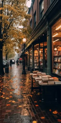 an empty street with books on the sidewalk