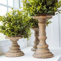 two potted plants sitting on top of a window sill next to each other