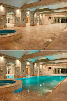 an indoor swimming pool in the middle of a building