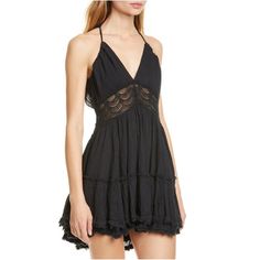 Free People 200 Degrees Dress Nwt Size S Reasonable Offers Welcome Bundle To Save! :) Free People Boho Anthropologie Urban Outfitters Rare Black V-neck Lace Dress For Summer, Black Lace Patchwork Dress For Daywear, Black Lace Dress With Ruffles For Summer, Chic Lace Patchwork Mini Dress For Beach, Degree Dress, Beach Mini Dress, Free People Boho, Combo Dress, Midi Wrap Dress