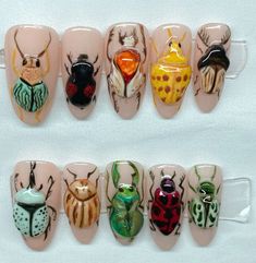 Super cute fun bug nails 3D, Lana Del Rey, Lily, Rose Depp Luigi Nail Art, Beatle Nails Art, Bug Nails Acrylic, Nails With Bugs, Venus Fly Trap Nails, 3d Bug Nails, Beetle Nail Art, Chemistry Nails, Insect Nail Art