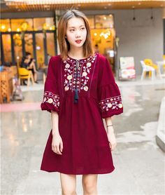 SPECIFICATIONS Women Vintage Floral Embroidery Dresses Bow Tie Lantern Long Sleeve Casual Brand Loose Pleated Dresses Elegant Boho Dress Brand Name: REGRTEDARLING Sleeve Style: Lantern Sleeve Fabric Type: cotton Pattern Type: Other Silhouette: STRAIGHT Neckline: O-Neck Decoration: Embroidery Style: Bohemian Dresses Length: Above Knee, Mini Material: COTTON Origin: Mainland China Season: Summer Type: dress Waistline: Natural Factors Sleeve Length(cm): Three Quarter Model Number: Boho dress Style: Red Floral Embroidered Dress For Fall, Red Bohemian Dress With Geometric Embroidery, Bohemian Red Dress With Geometric Embroidery, Red Folk Style Dress With Floral Embroidery, Red Folk Embroidered Dress With Floral Design, Red Folk Style Embroidered Dress, Red Spring Dresses With Intricate Embroidery, Red Dresses With Intricate Embroidery For Spring, Red Cotton Dress With Resham Embroidery