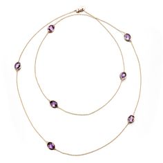 A delicate gold chain link necklace with alternating amethyst gemstones. Since 1861, Gump's has been a destination for jewelry that is distinctive and timeless. To ensure each piece is created to our exacting standards, our expert in-house jewelry team oversees every step of the production process. The result is a statement of pure elegance. Amethyst, 12.00ctw. 14-karat yellow gold. 36" long. Luxury Yellow Gold Amethyst Necklace, Elegant Purple Chain Necklace For Gift, Formal Amethyst Necklace In Fine Jewelry Style, Formal Fine Jewelry Amethyst Necklaces, Formal Fine Jewelry Amethyst Necklace, Formal Yellow Gold Amethyst Necklace, Fine Jewelry Amethyst Necklace In Yellow Gold, Fine Jewelry Amethyst Necklaces In Yellow Gold, Fine Jewelry Yellow Gold Amethyst Necklaces